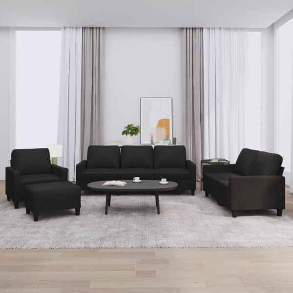 Sofa set with cushions, 4 pieces, black, artificial leather