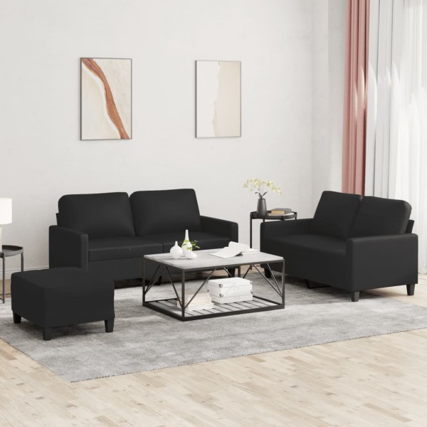 Sofa set with cushions, 3 parts, black, artificial leather