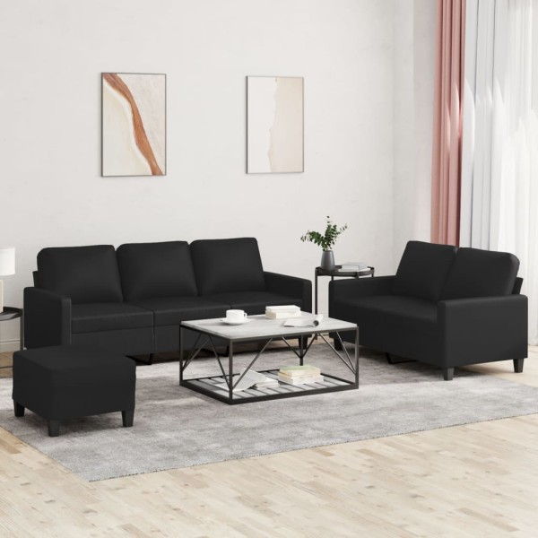 Sofa set with cushions, 3 parts, black, artificial leather