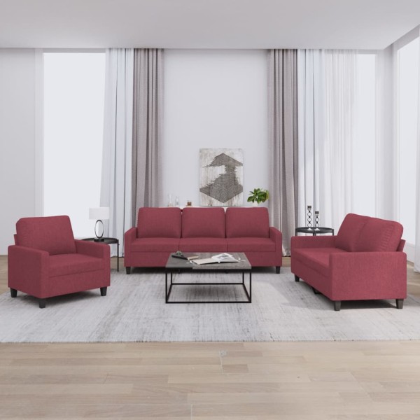 Sofa set with cushions, 3 parts, wine, fabric