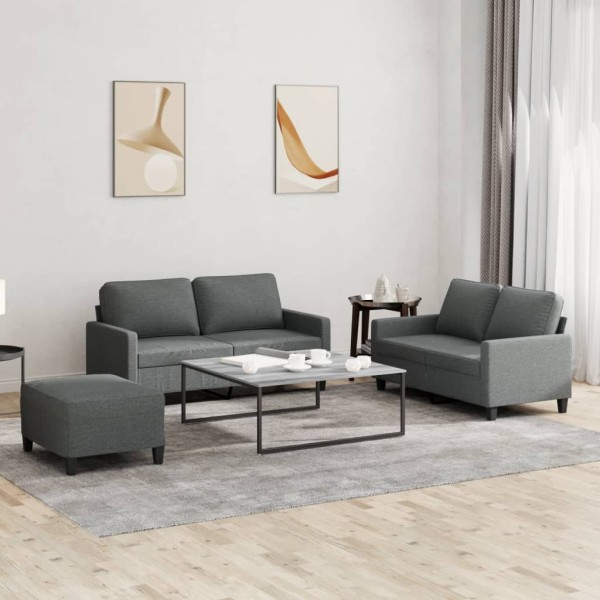 Sofa set with cushions, 3 parts, gray, fabric