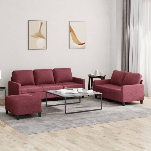 Sofa set with cushions, 3 parts, wine, fabric