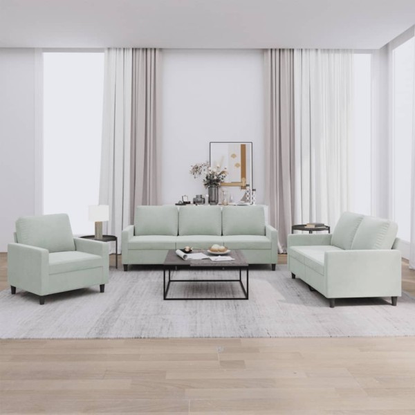 Sofa set with cushions, 3 parts, gray, velvet