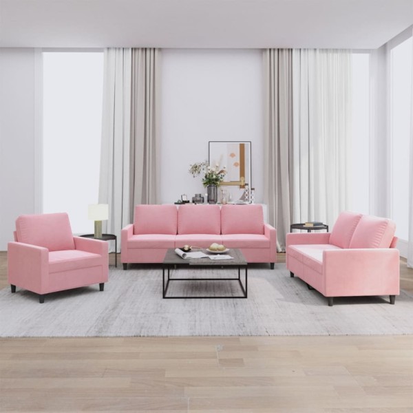 Sofa set with cushions, 3 parts, pink, velvet