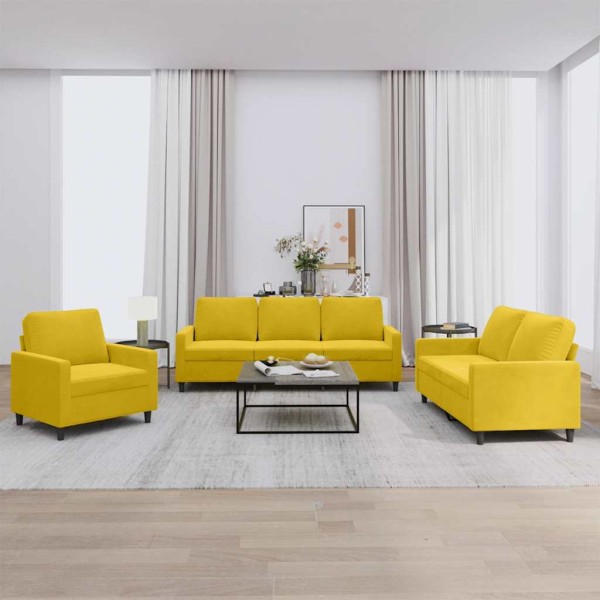 Sofa set with cushions, 3 parts, yellow, velvet