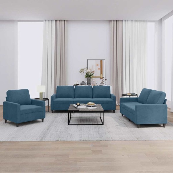 Sofa set with cushions, 3 parts, blue, velvet