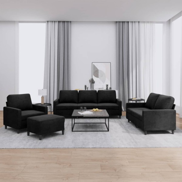 Sofa set with cushions, 4 parts, black, velvet
