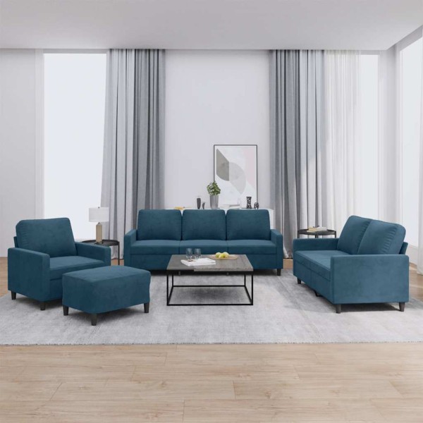 Sofa set with cushions, 4 parts, blue, velvet