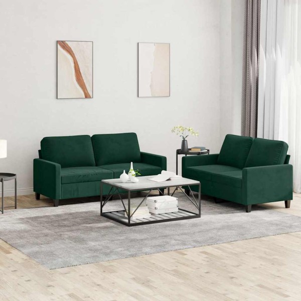 Sofa set with cushions, 2 parts, green, velvet