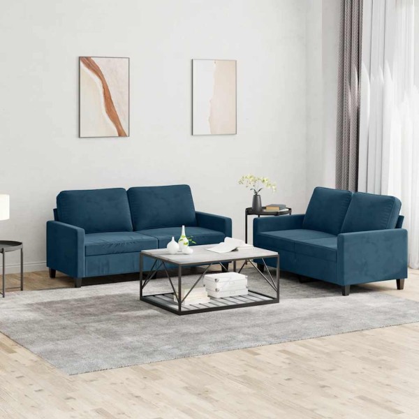 Sofa set with cushions, 2 parts, blue, velvet