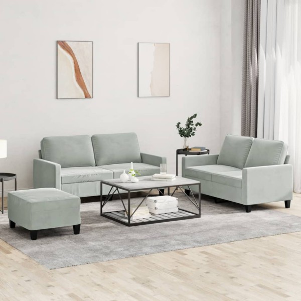 Sofa set with cushions, 3 parts, gray, velvet