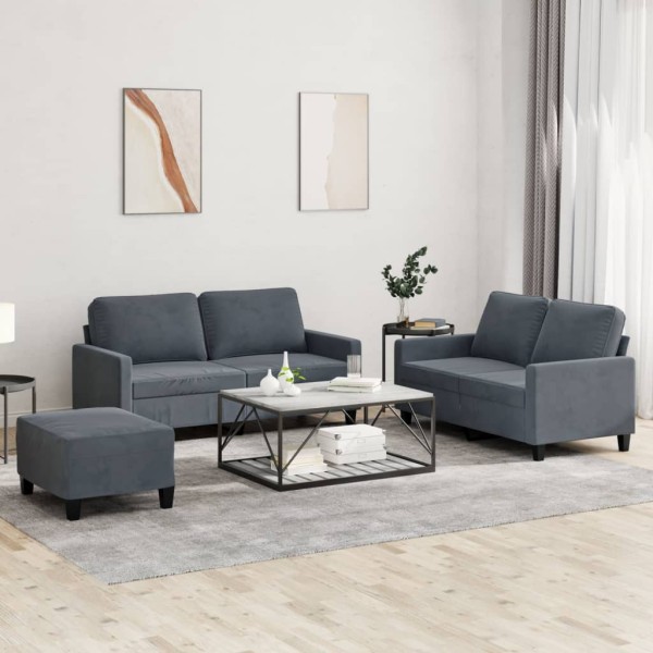 Sofa set with cushions, 3 parts, gray, velvet