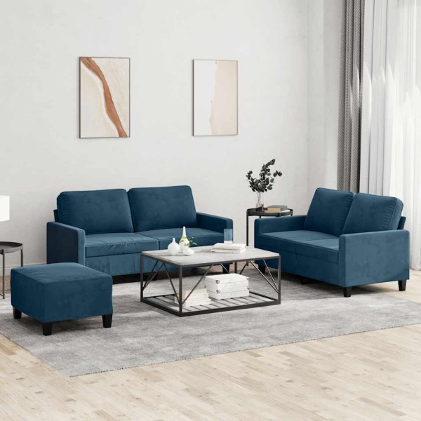 Sofa set with cushions, 3 parts, blue, velvet