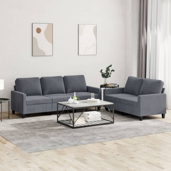 Sofa set with cushions, 2 parts, gray, velvet