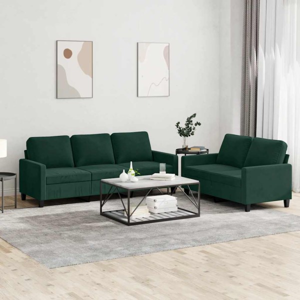 Sofa set with cushions, 2 parts, green, velvet