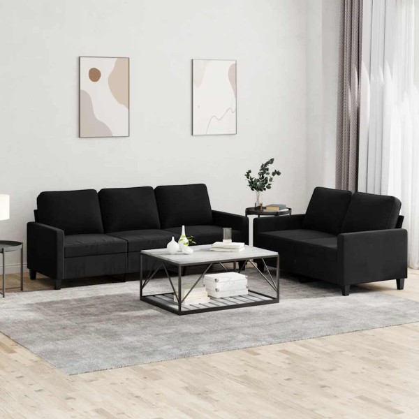 Sofa set with cushions, 2 parts, black, velvet