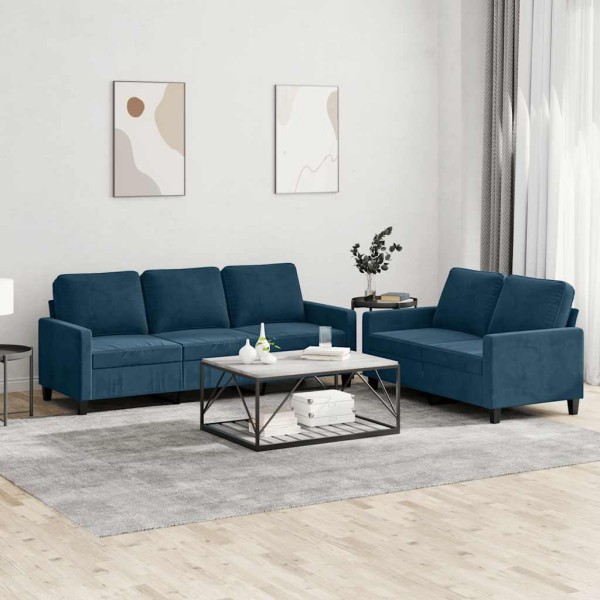Sofa set with cushions, 2 parts, blue, velvet