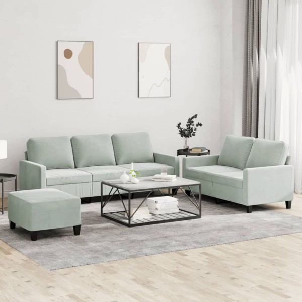 Sofa set with cushions, 3 parts, gray, velvet