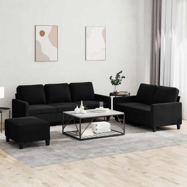 Sofa set with cushions, 3 parts, black, velvet