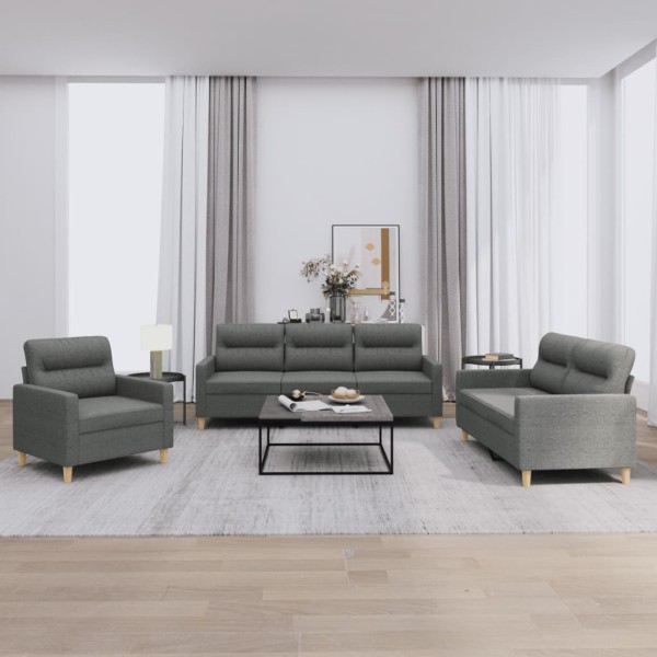 Sofa set with cushions, 3 parts, gray, fabric