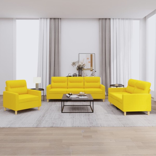 Sofa set with cushions, 3 parts, yellow, fabric