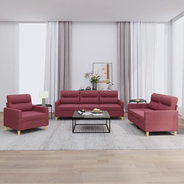 Sofa set with cushions, 3 parts, wine, fabric