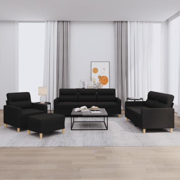 Sofa set with cushions, 4 parts, black, fabric