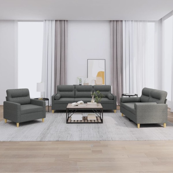 Sofos komplektas su pagalvėmis, 3 dalių, pilkas, audinys
