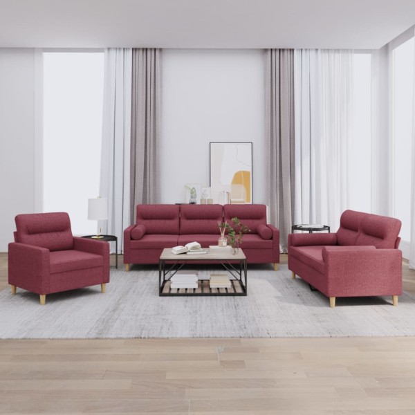 Sofa set with pillows, 3 parts, wine, fabric