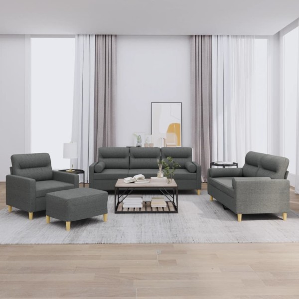 Sofa set with pillows, 4 parts, gray, fabric