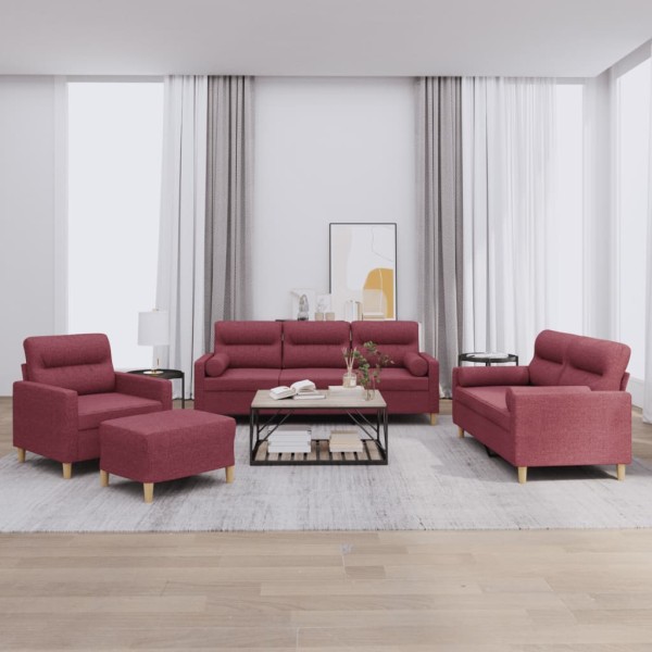 Sofa set with pillows, 4 parts, wine, fabric