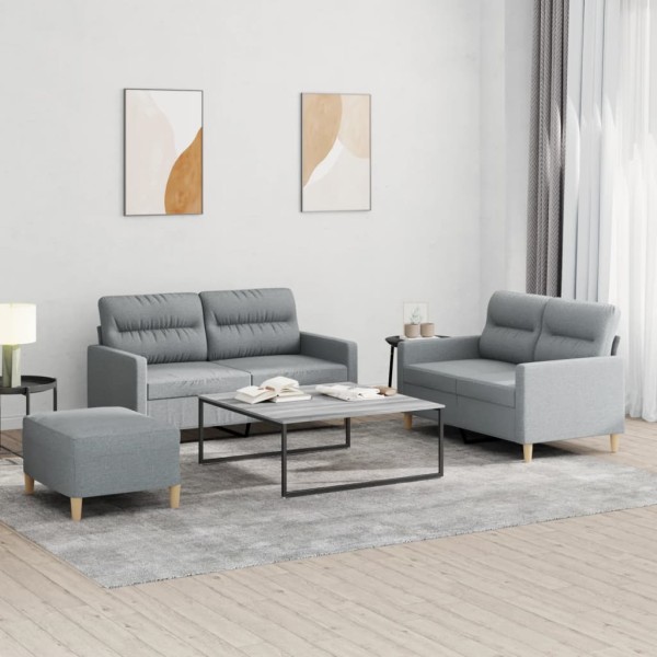 Sofa set with cushions, 3 parts, gray, fabric