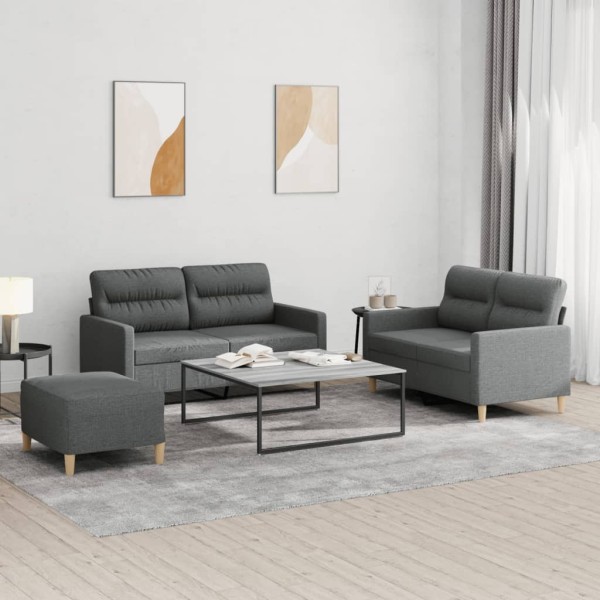 Sofa set with cushions, 3 parts, gray, fabric