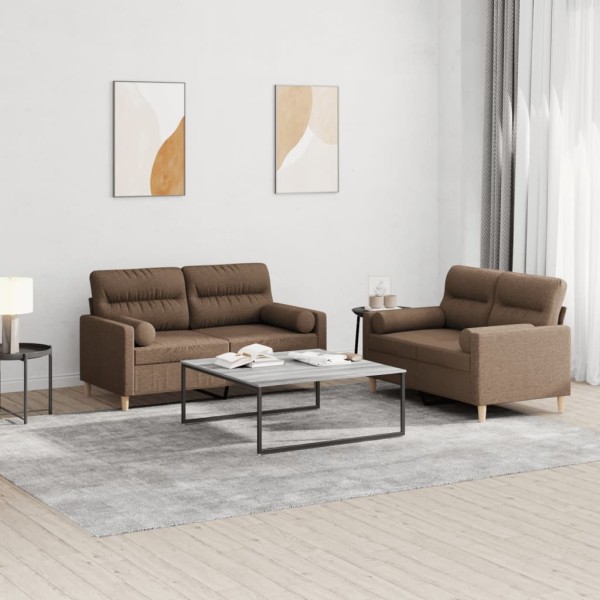 Sofa set with pillows, 2 parts, brown, fabric