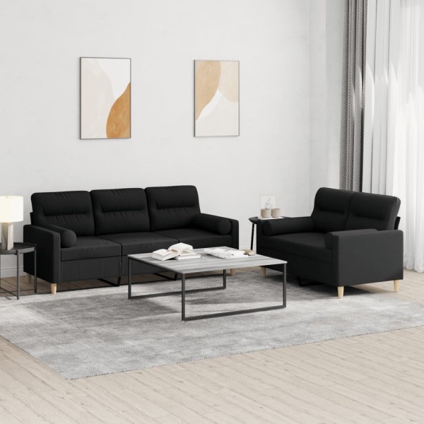 Sofa set with pillows, 2 parts, black, fabric