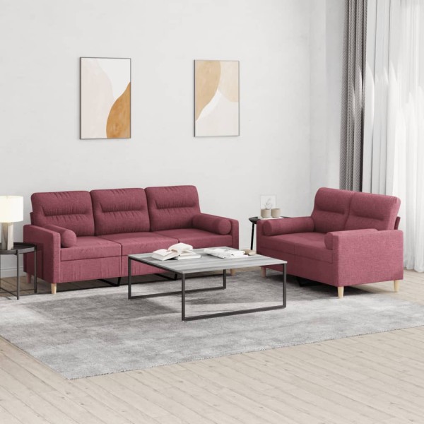 Sofa set with pillows, 2 parts, wine, fabric