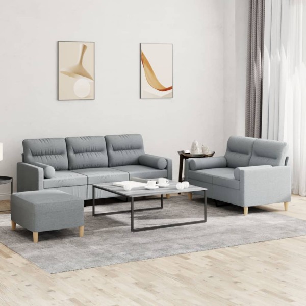 Sofa set with pillows, 3 parts, gray, fabric