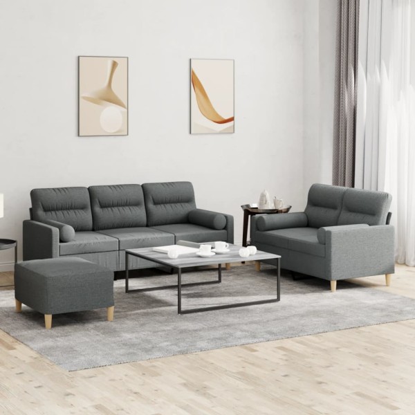 Sofa set with pillows, 3 parts, gray, fabric