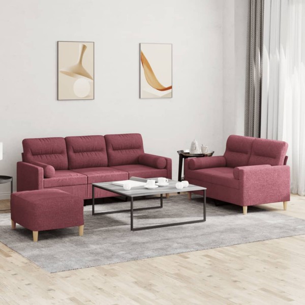 Sofa set with pillows, 3 parts, wine, fabric