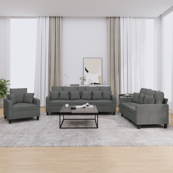 Sofa set with pillows, 3 parts, gray, fabric