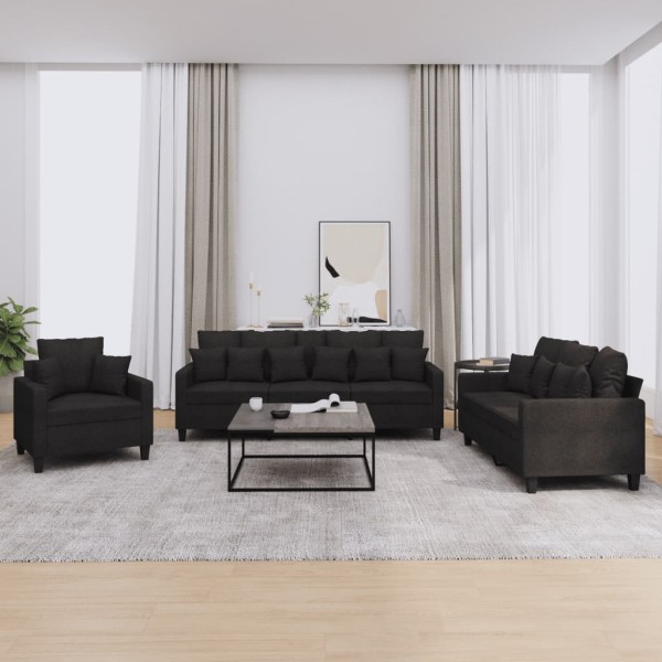 Sofa set with pillows, 3 parts, black, fabric