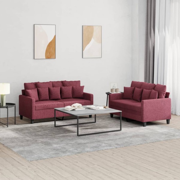 Sofa set with cushions, 2 parts, wine, fabric