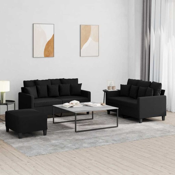 Sofa set with cushions, 3 parts, black, fabric