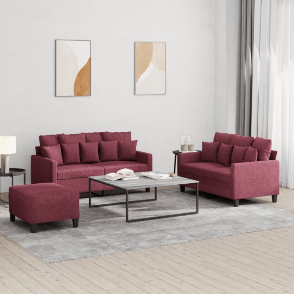 Sofa set with cushions, 3 parts, wine, fabric