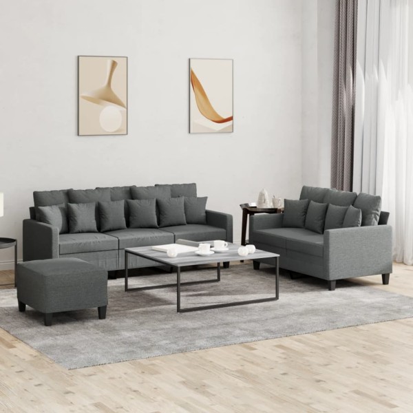 Sofa set with cushions, 3 parts, gray, fabric