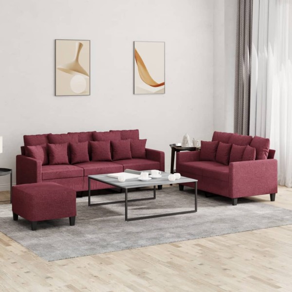 Sofa set with cushions, 3 parts, wine, fabric