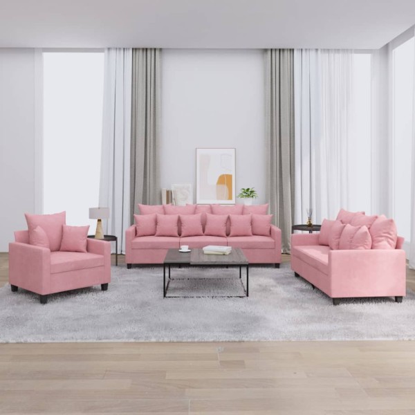 Sofa set with cushions, 3 parts, pink, velvet