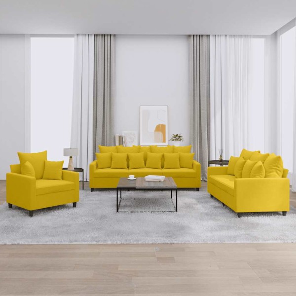 Sofa set with cushions, 3 parts, yellow, velvet