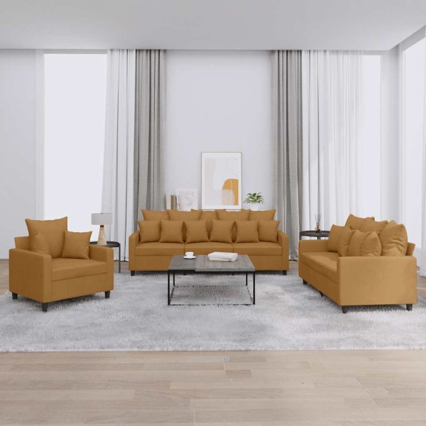 Sofa set with cushions, 3 parts, brown, velvet