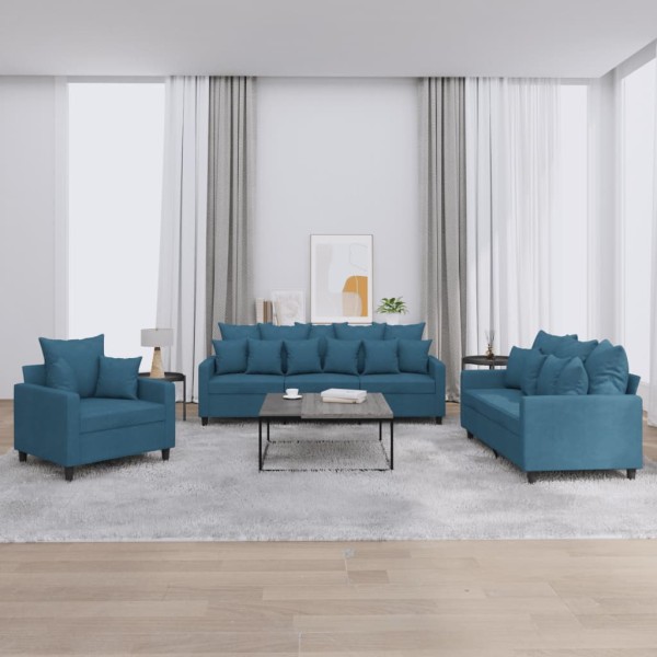 Sofa set with cushions, 3 parts, blue, velvet